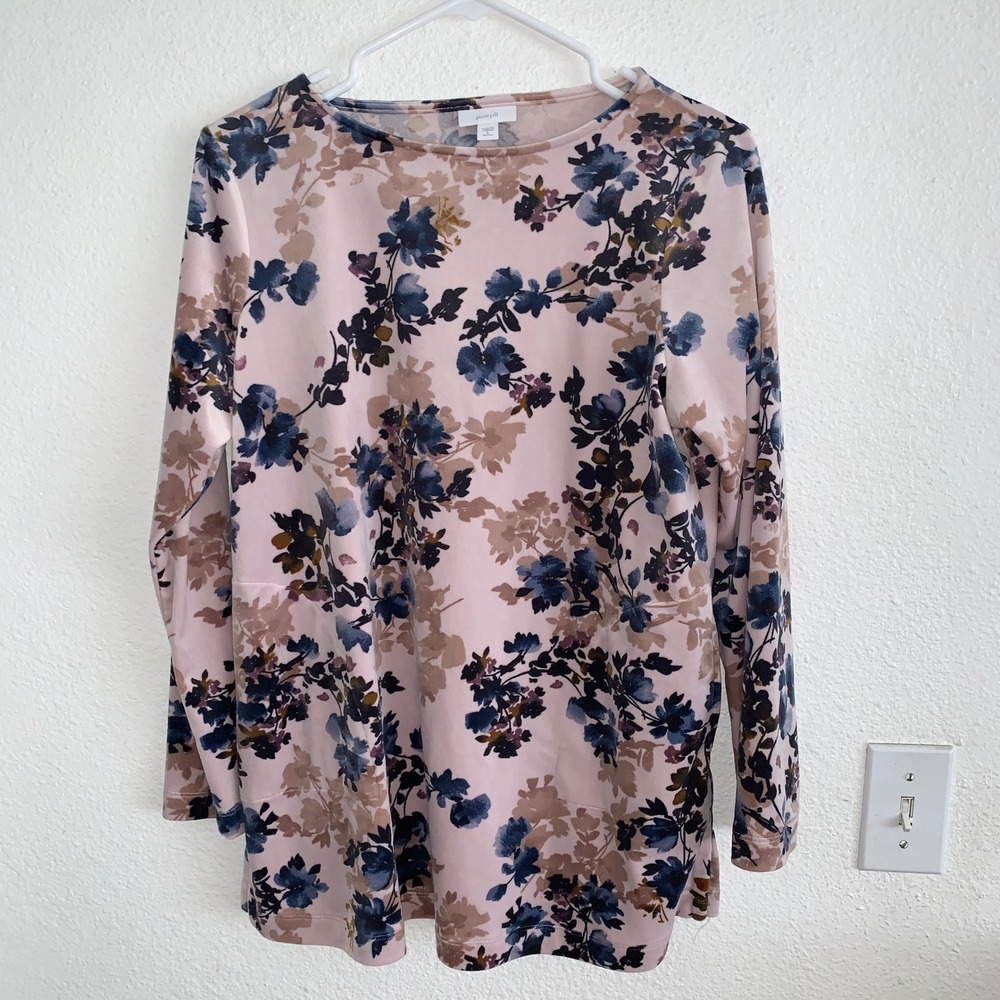 Pure Jill J. Jill Pink Blue Floral Velvet Tunic Top Long Sleeve Pockets Medium